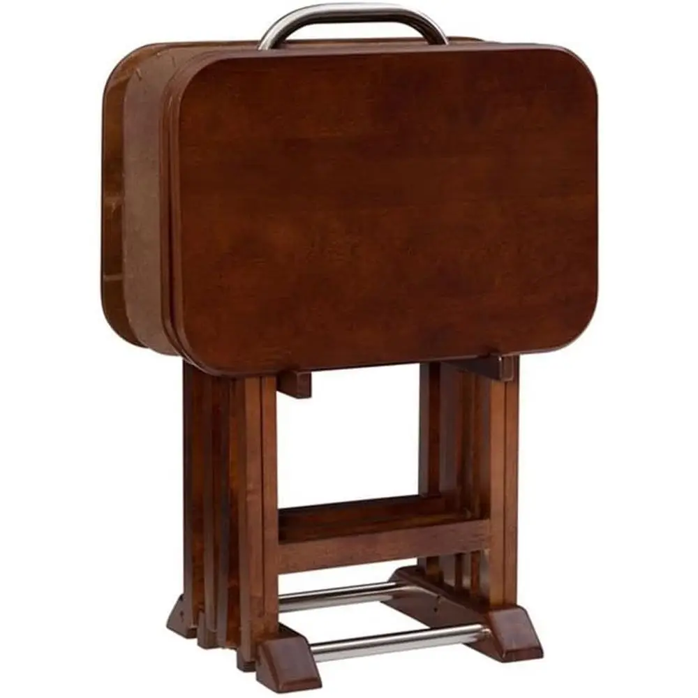 

5-Piece Cherry Finish Wood Serving Tray Set with Chrome Stand, 15.72x23.58x26.38, Birch Veneer Tops, Ideal for Indoor Snacks and