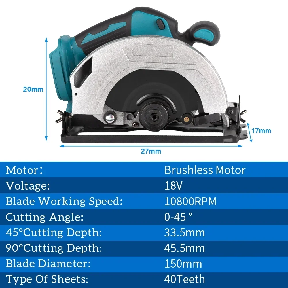 Sierra Circular eléctrica sin escobillas de 7 pulgadas y 180mm, herramienta de corte multifuncional de ángulo ajustable inalámbrico de 5000RPM para