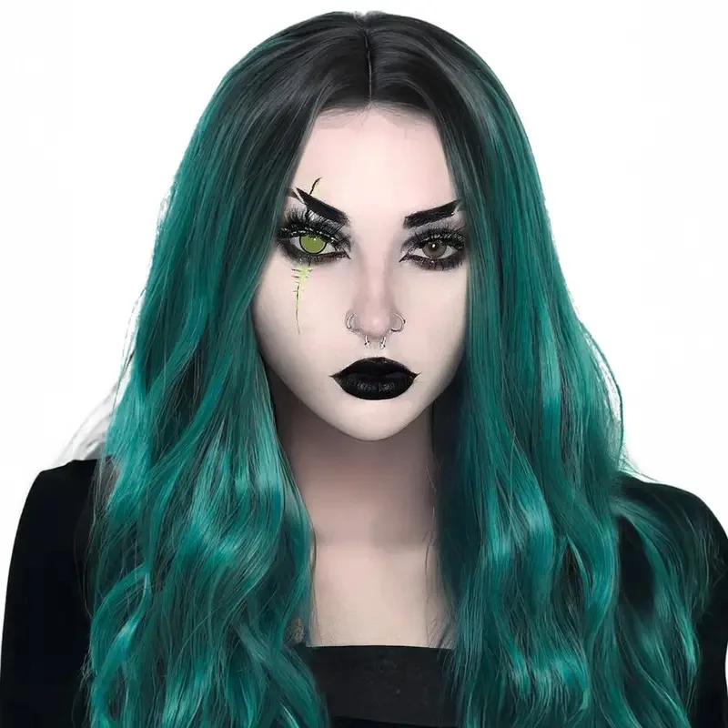 안신 핫세일 유행 짙은 녹색 웨이브 합성 가발 여성 데일리 할로윈 파티용