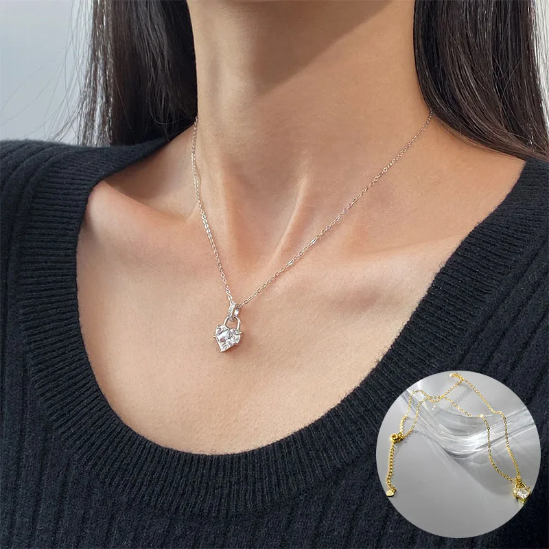 

100% 925 Sterling Silver Zircon Love Heart Necklace for Women Girl Vintage Geometric Lock Design Jewelry Party Gift Dropshipping