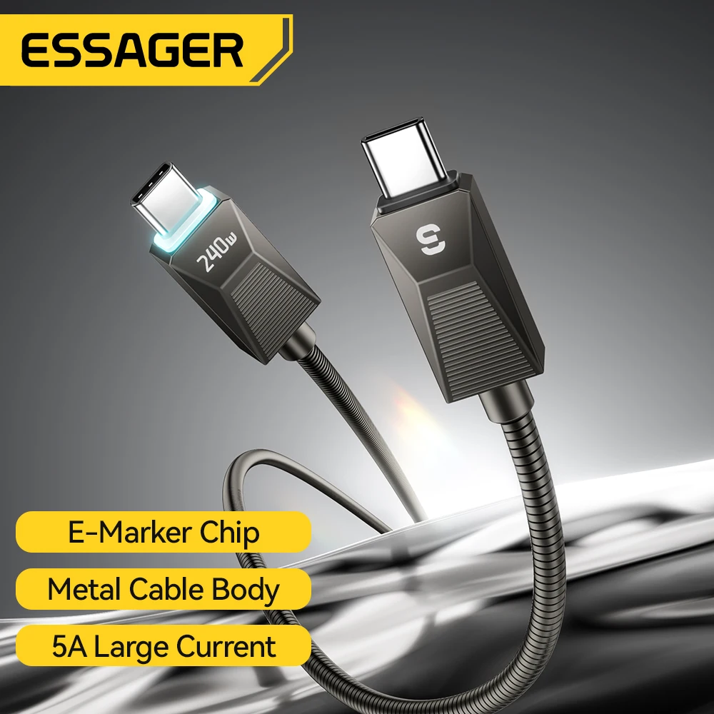 Кабель Essager 240 Вт для сверхбыстрой зарядки Type-C, 100 Вт, провод для быстрой зарядки данных из нержавеющей стали, 5 А, для Macbook iPad iPone 16 15 Pro Max