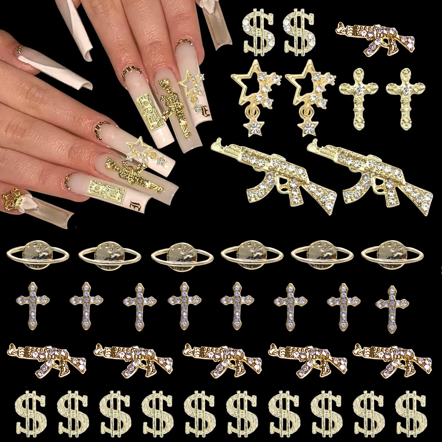 65PCS Gun Nail Charms 3D Cross Nail Art Jewelry Gold Dollar Sign Charms Nails Multi Style Nail Gems for Women Manicure