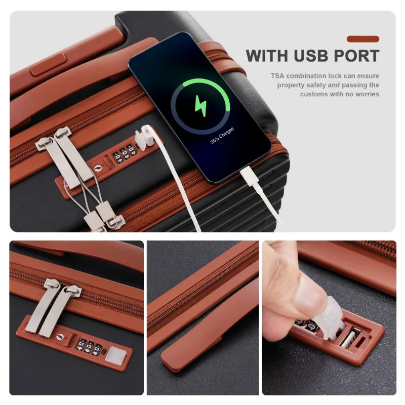 مجموعة أمتعة مكونة من 4 قطع 20/24/28/مجموعات وحقيبة ذات غلاف صلب مع قفل TSA وUSB وعجلة عالمية وحامل أكواب وأمتعة متدحرجة