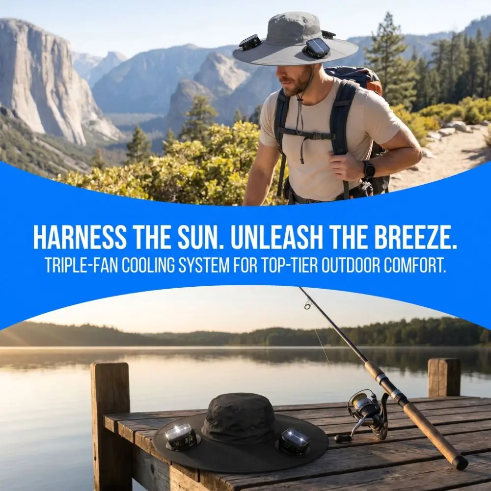 3 Fans Solar Fan Hat UV Protection Strong Wind Wide Brim Sun Cap Breathable Lightweight Fishing Bucket Hat Outdoor Travel