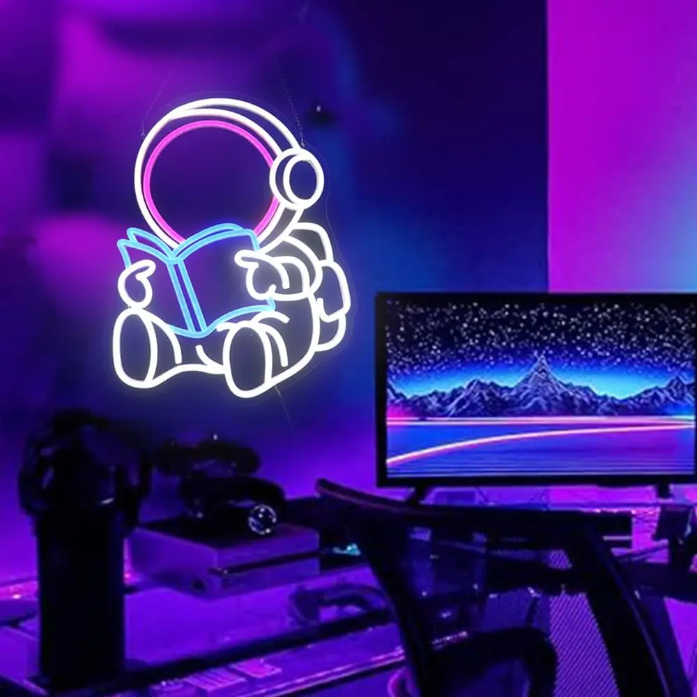 USB Dimmable Astronaut Reading Book Neon Light for Bedroom Decor Study Room Lighting Romantic Night Ambiance Creative Gift