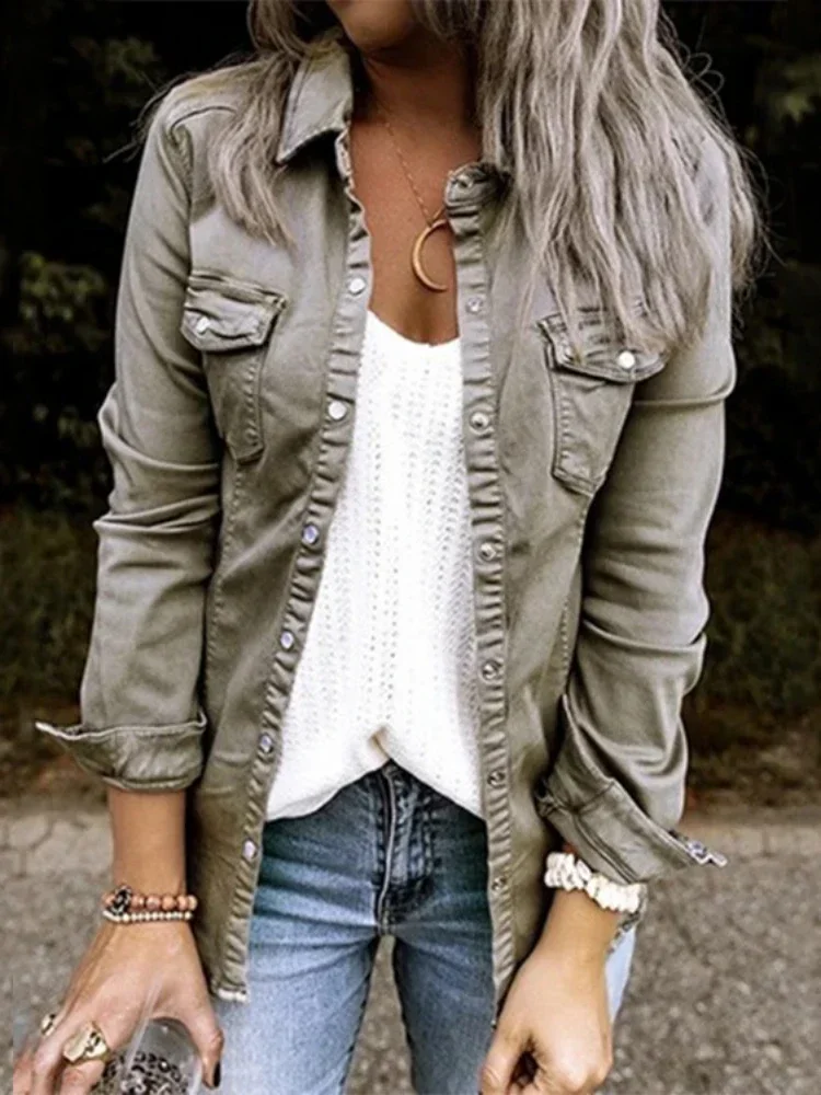 Denim Shirt Jackets Patchwork Top Women T Shirts Pockets V Neck Gray Shirts Y2k Tops Spring Autumn Elegant Streetwear Coats