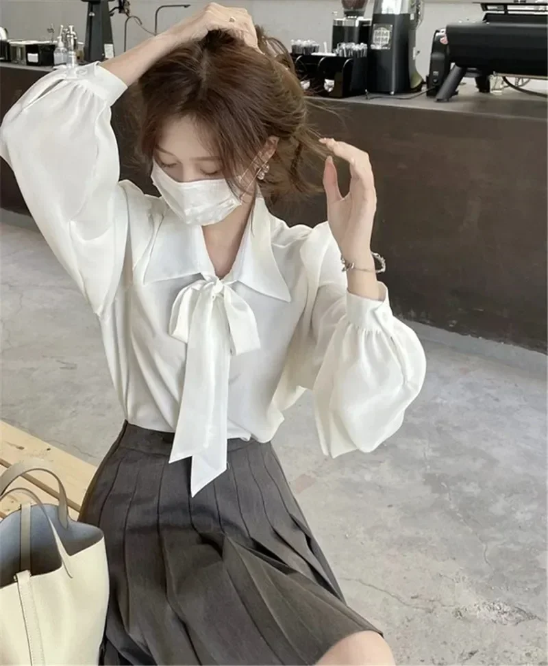 

White Women Shirts Bandage Bow Long Sleeve Blouses 2023 Camisas De Mujer Vintage Temperament Tops Loose Korean Fashion Blouse
