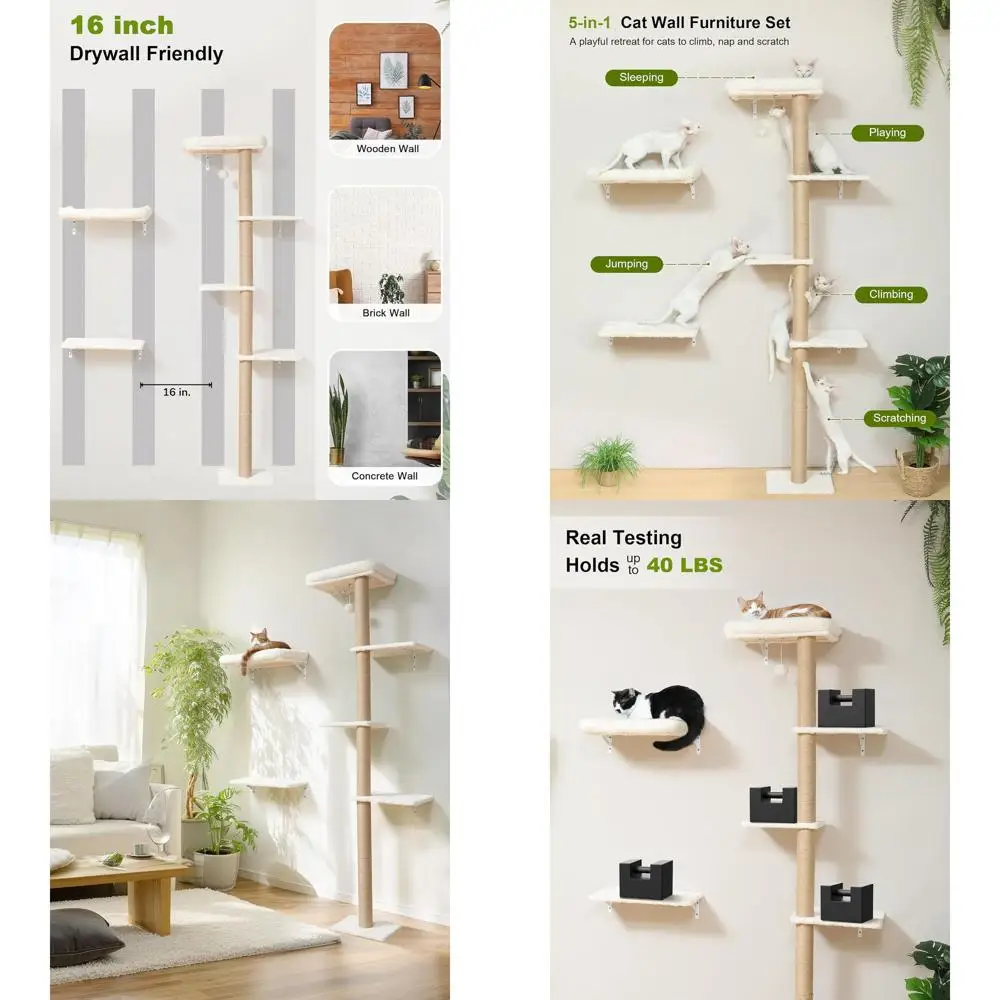 

Space-Saving Wall-Mounted Cat Furniture Set with Scratching Post and Cushioned Perch for 16 Drywall - Beige