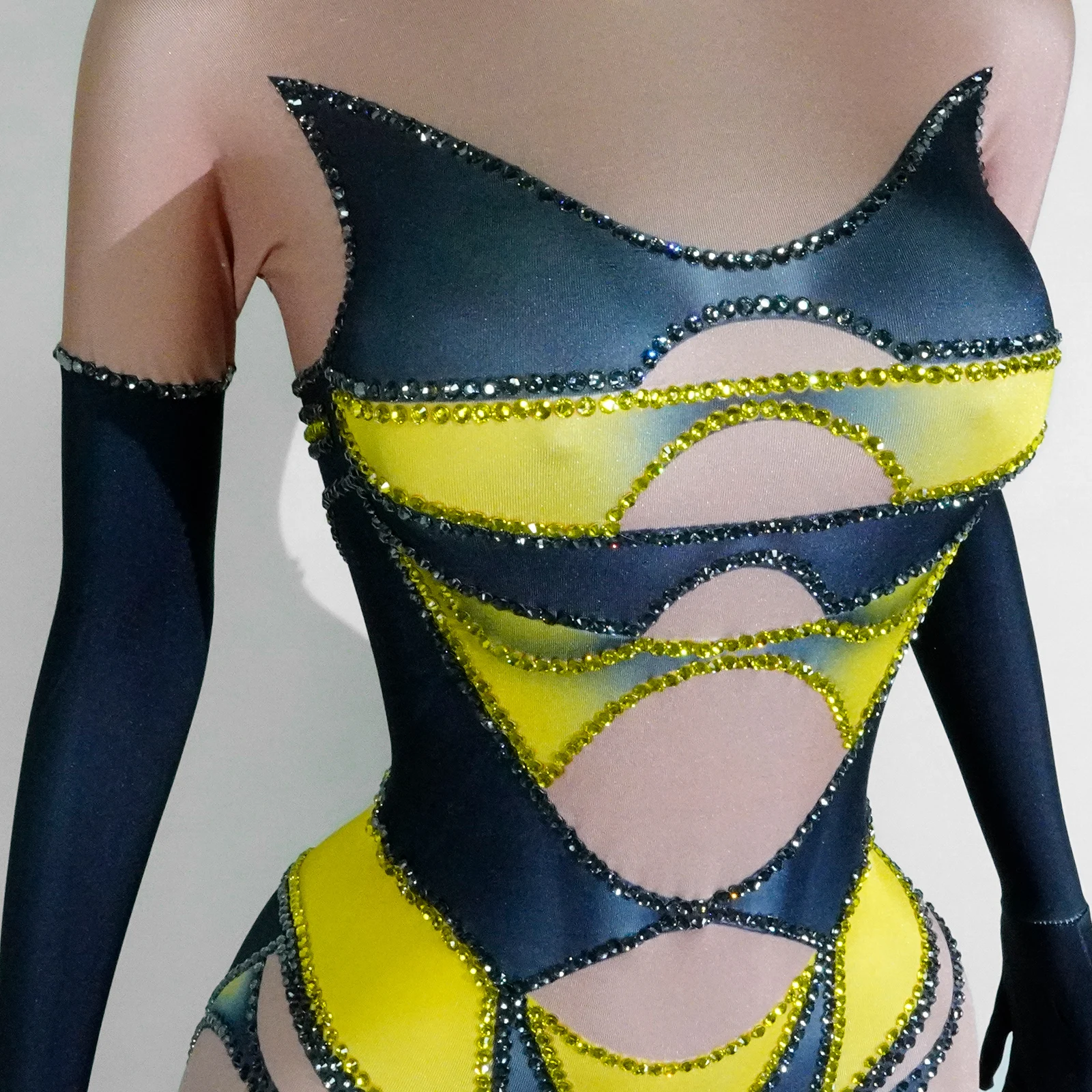 جديد أصفر حجر الراين مثير السيدات مرحلة الأداء Onepiece فستان ضيق حفلة عيد ميلاد المغني Dj الرقص سحب الملكة الزي