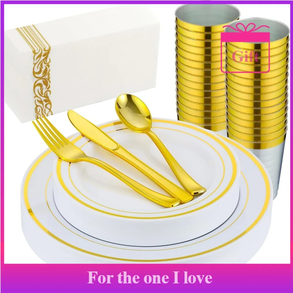 

175 PCS Gold Dinnerware Set for 25 Guests, Gold Rimmed White Heavy Duty Plastic Disposable Plates for Party Wedding