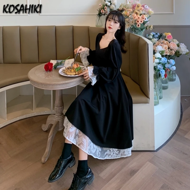 KOSAHIKI oversize Robe Japanese Lolita Gothic Dress Girl Patchwork Vintage Bandage Long Dresses Japan Style Kawaii Vestidos