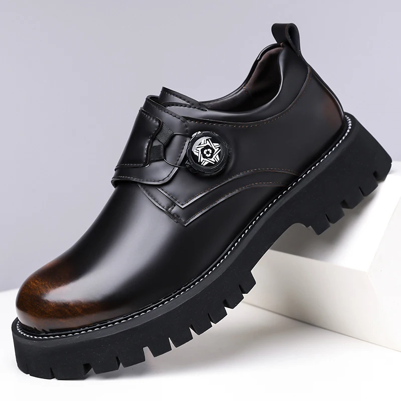 New Rotating Buckle Men Thick Soled Derby Shoes Gradient Color Anti Slip Gear Sole Youth Fashionable Height Increasing Shoes