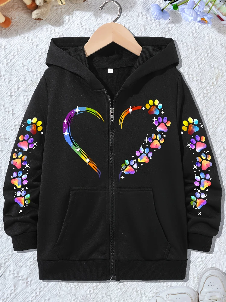 Cat Paw Print Heart-Shaped Multicolor Pattern with Sleeves Trendy Hoodie Jacket Comfortable Skin-Friendly Spring Autumn Style