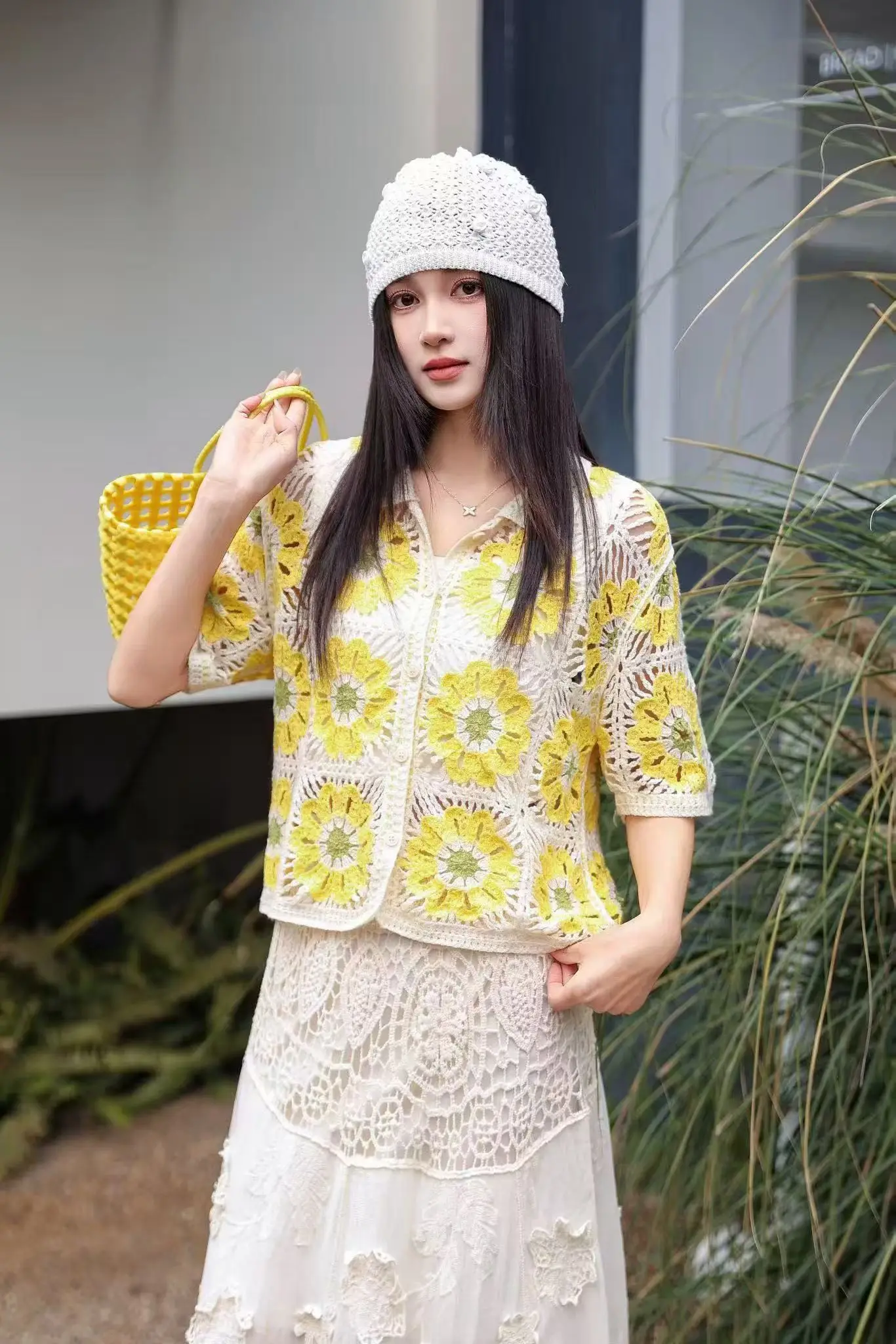 Granny Square Crochet Knit Polo Shirt Short Sleeve Polo-neck Open-knit Blouse Jacket Summer Tops Women Bohemian Vacation Outfit