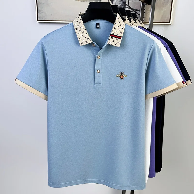 Sommer Neues Designer-Polohemd mit Exquisiter Bienenstickerei für Herren, Bestseller, Bequem und Atmungsaktiv, aus Maulbeerseidenstoff, Kurzes Oberteil – Detail 14