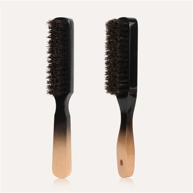 Brosse à chaussures en cuir avec manche en bois pour hommes, poils de sanglier, outil de rasage de barbe, cheveux incurvés en bois