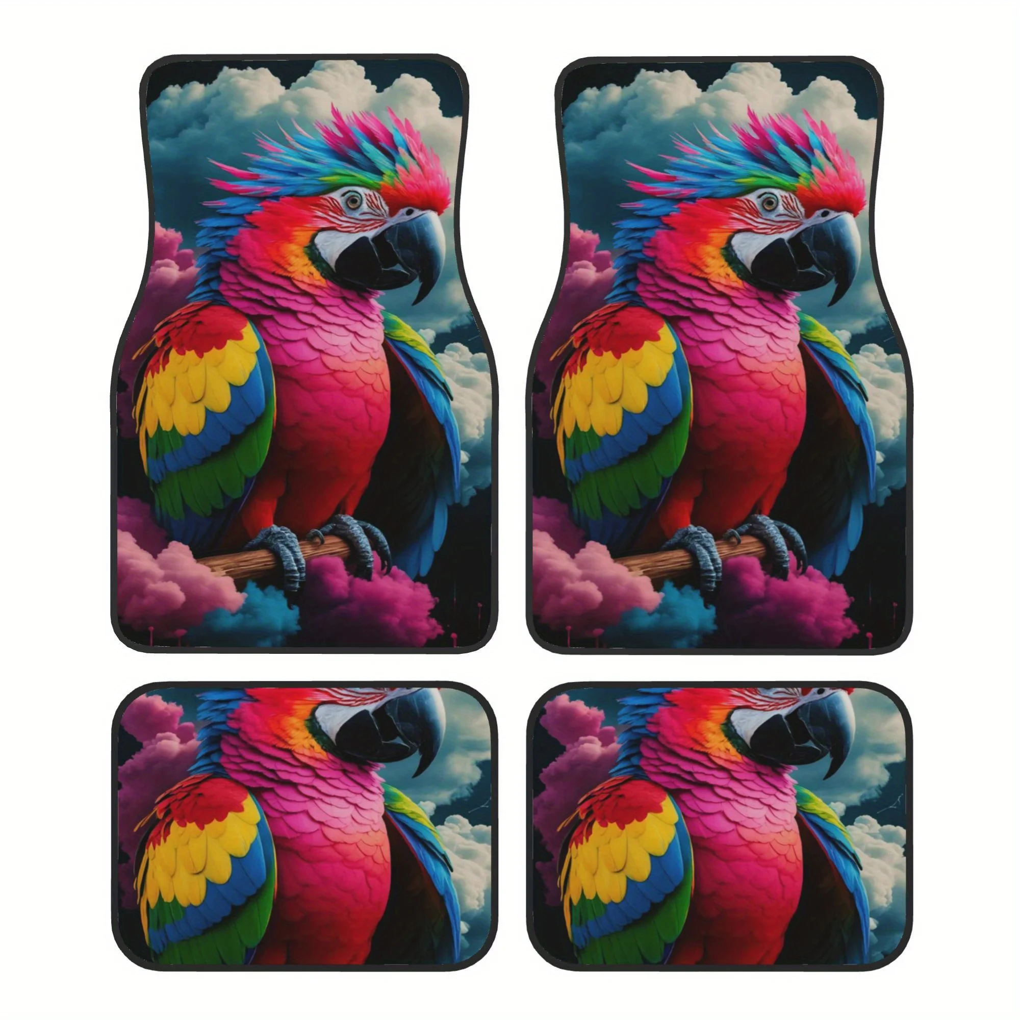 4pcs Multicolored Parrot Perched On A Branch With Clouds In The Background Pattern Universal Car Floor Mats - Polyester Material