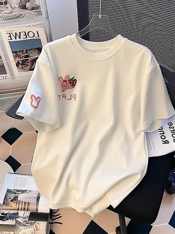 

Elegant Pink Rabbit Short Sleeve T-Shirt Women's Summer Loose Top Fashion Design Sample Garment from Big Brand Tag Removed