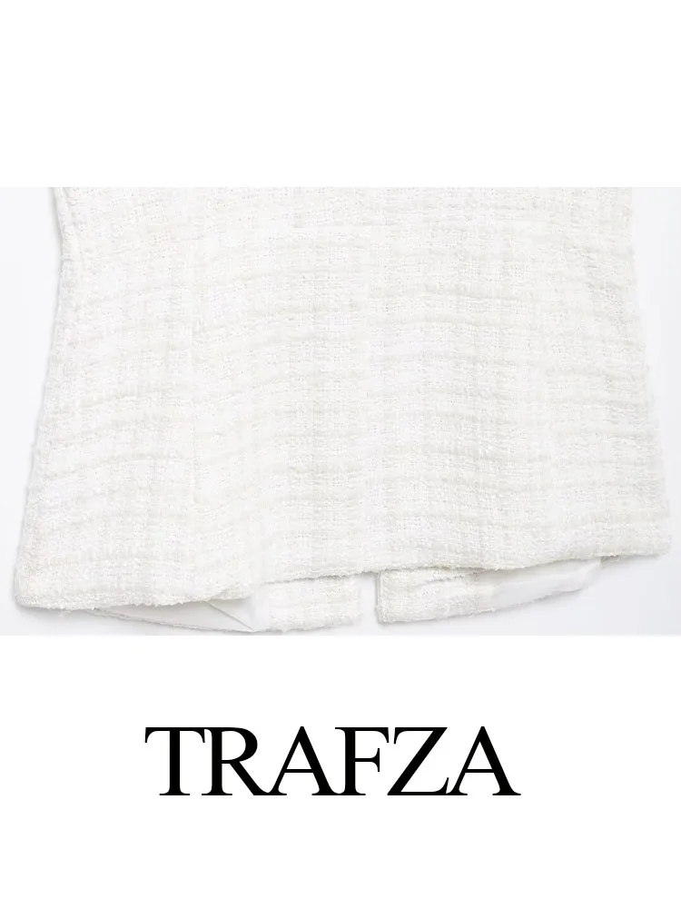 TRAFZA 여성용 화이트 격자 무늬 O넥 민소매 더블 브레스티드 조끼, 세련된 스트리트웨어 스타일 아우터, 트렌디 상의, 가을