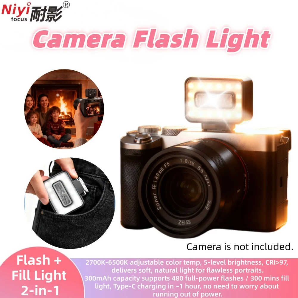 Mini Camera Speedlite Flash with LED Fill Light, 2700K-6500K Adjustable, 300mAh Rechargeable, Compatible with Canon/Sony/Nikon