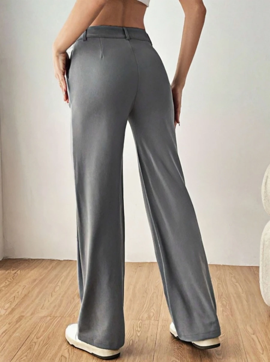 Women's Grey High Waist Wide Leg Pants Seam Front Button Loose Casual Office Work Spring Summer Fashion Commuting Trousers
