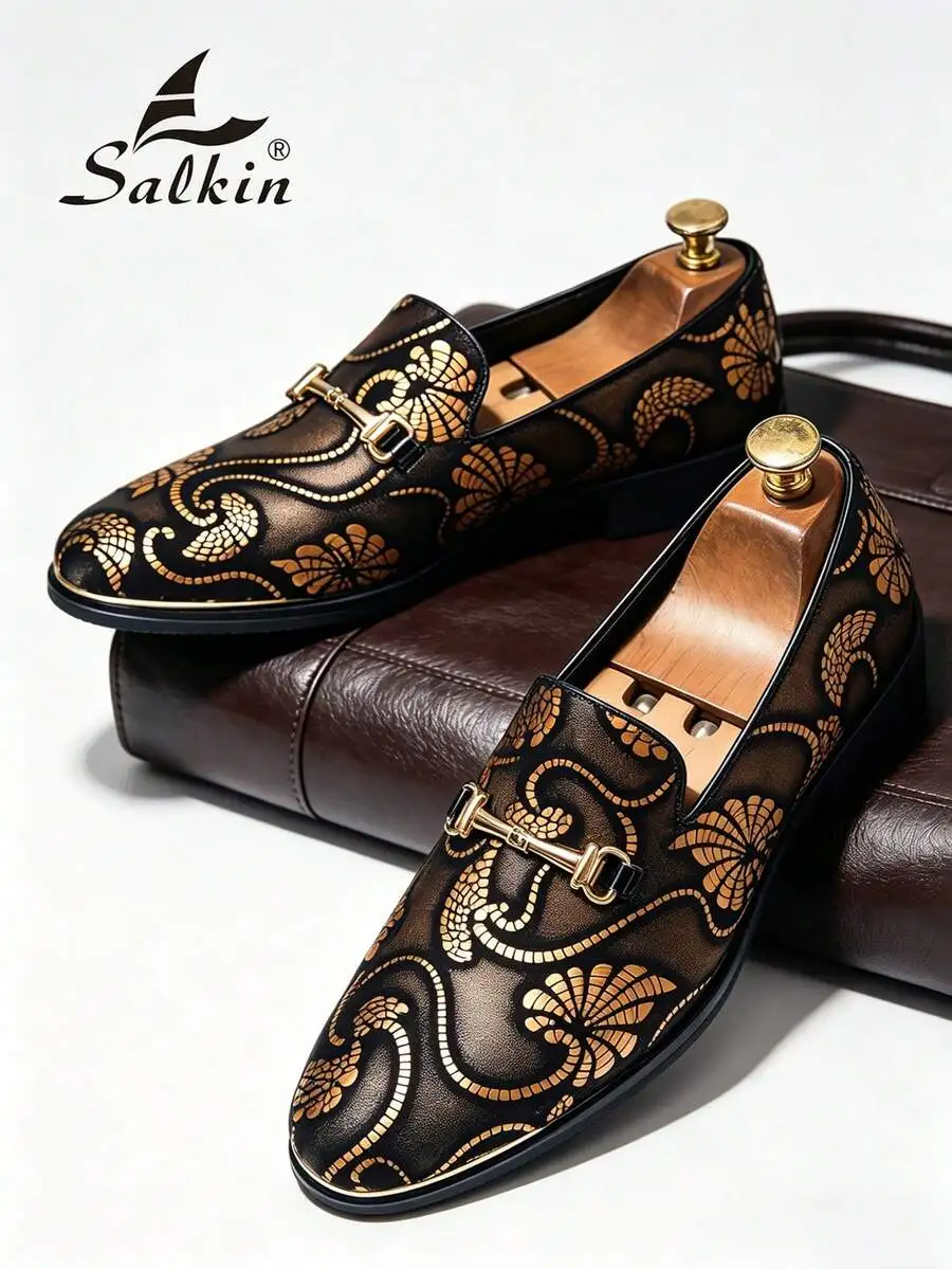 

Salkin Men's Floral Loafers: British Style Metal Buckle Slip-On for Wedding, Office & Party