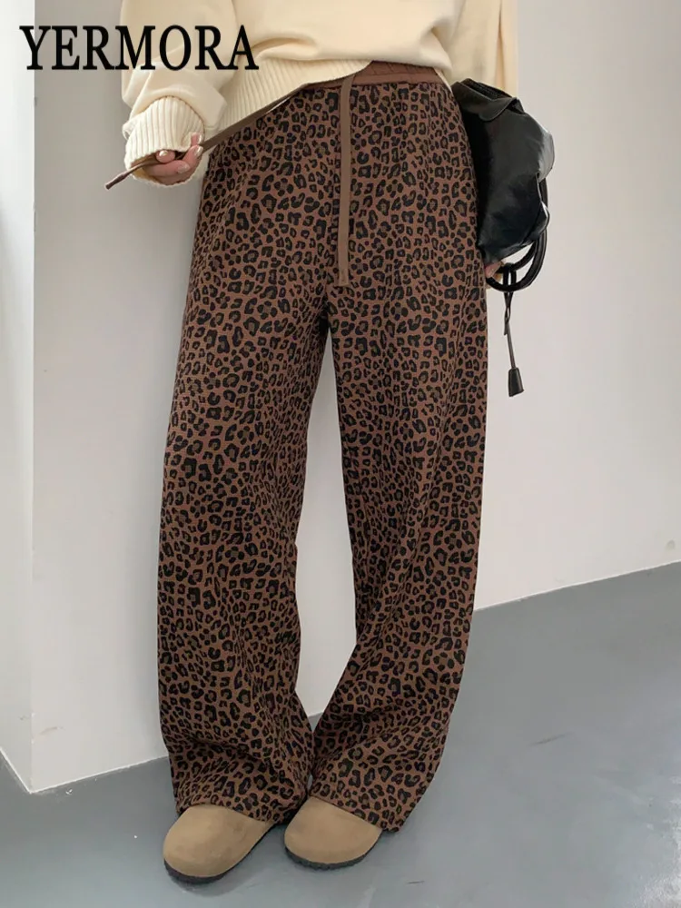 YERMORA High Elastic Waist Leopard Drawstring Wide Leg Pants For Women Loose New Trousers Fashion Tide Autumn Winter 2025