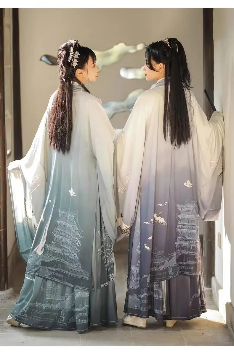 Vintage Damen Chinesisches Hanfu Kleid Set Weijin Periode Traditionelles Kostüm Nich Fashion Crane Tower Outfits Paare Kleidung