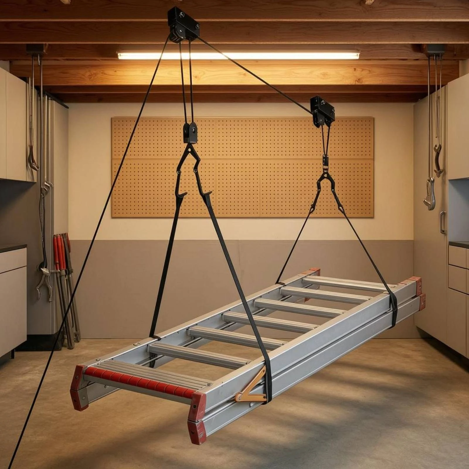 Fotografia 6: Sistema de Elevação de Teto com Ganchos Reforçados para Armazenamento Aéreo, Metálico Preto de Alta Capacidade