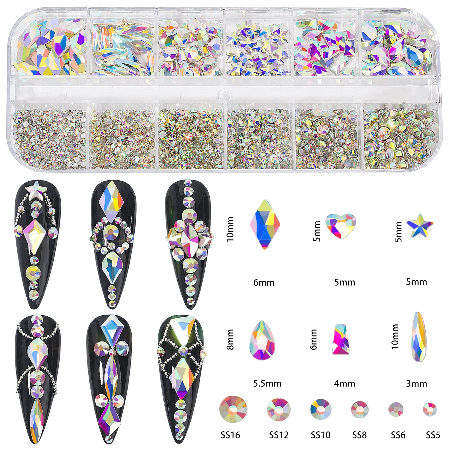 3D Nail Art Rhinestones 12Gird Box  Multi Color AB Mixed Size DIY Flatback Crystal Gems 3D Glitter  Luxurious Nail Decorations