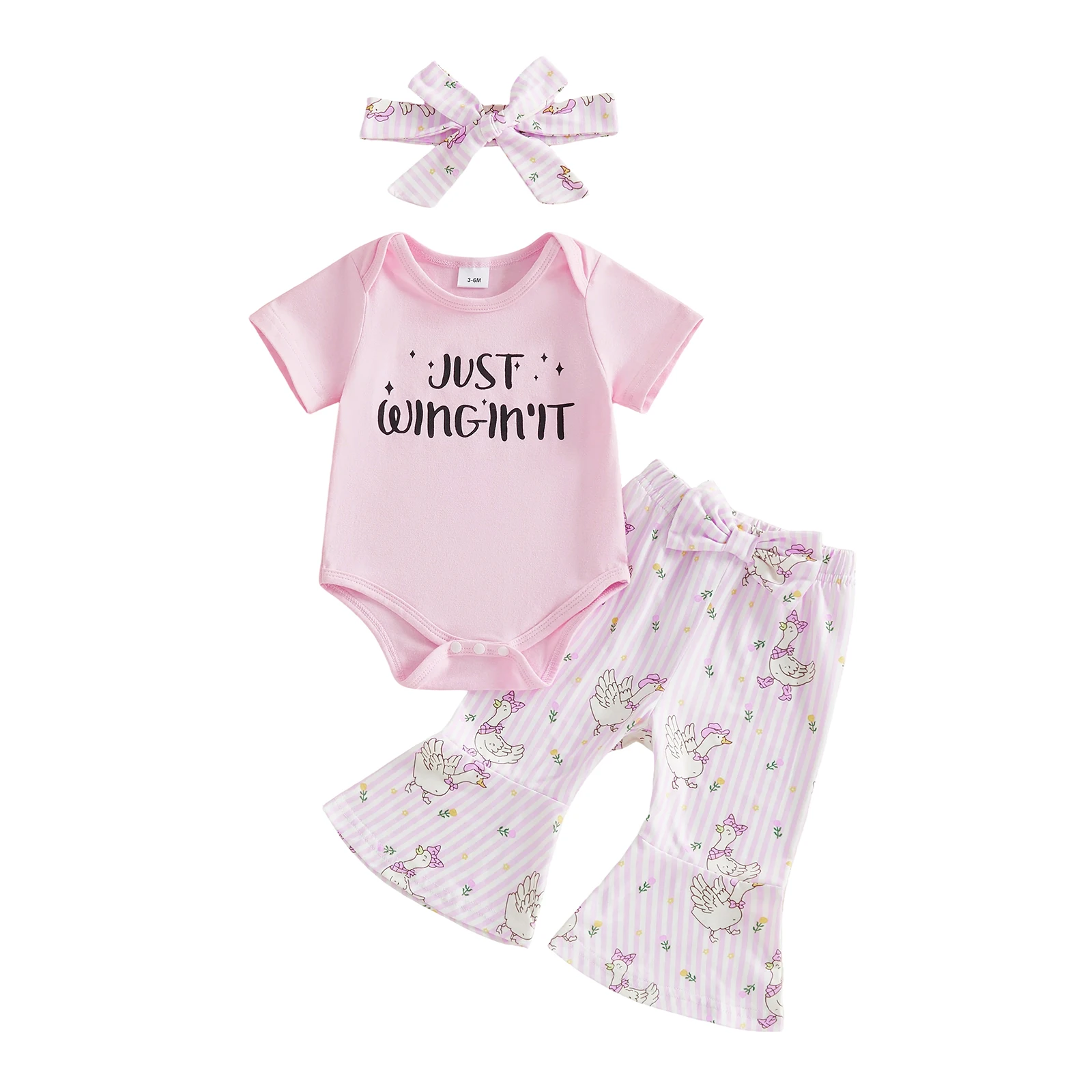 

Летний комплект для девочек: комбинезон с коротким рукавом и буквенным принтом, полосатые расклешенные брюки с принтом гусей и повязка на голову с бантом, набор из 3 предметов