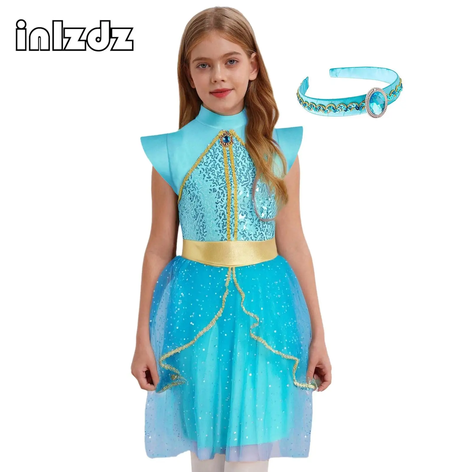 

Girls 2Pcs Arabian Princess Outfit Jasmine Costume Belly Dance Festival Halloween Cosplay Costume Sequins Dress And Headband