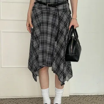 록모어 시크 레트로 스트리트웨어, 불규칙한 디자인 격자 무늬 프린트 스커트, 캐주얼 빈티지 하라주쿠 미드 스커트, 올 매치 Y2k 미학 