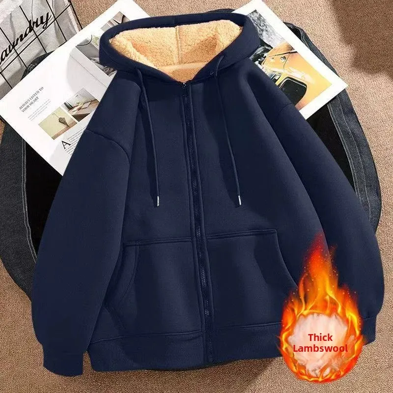 Lamb Velvet Hooded Sweatshirt Women's Autumn Winter Thickened Warm Loose Large Size Couple Open Cardigan Outerwear Trendy