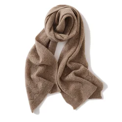 Autumn And Winter New Openwork Jacquard 100% Pure Wool Scarf Female Thin Warm Knit Solid Color Shoulder Pad Neck Scarf