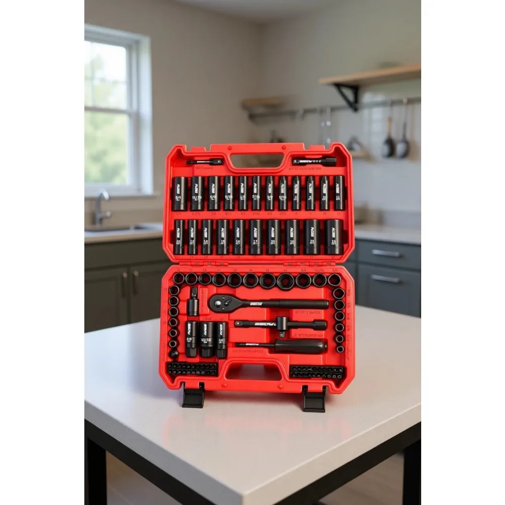 

96 Piece 3 8 Drive Impact Socket Set SAE Metric Deep Standard CrV Ratchet Handle Universal Joint Spark Plug