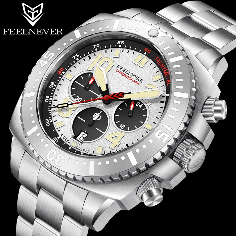 FEELNEVER Saphir-Uhr für Herren, modische Business-Uhr für Herren, 316L-Edelstahl, TMI VD53-Uhrwerk, Taucher-Quarz-Armbanduhr für Herren