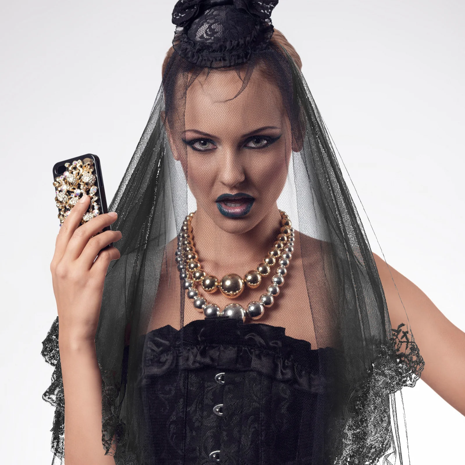 الحجاب الأسود لـ Cosplay الدانتيل العروس طرحة زفاف لينة تول إكسسوارات الشعر لجميع القديسين تأثيري التصوير ديكور الحفلات