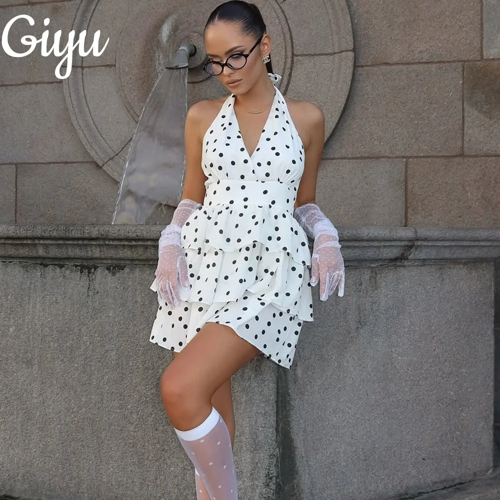 

Giyu Modern Halter Dot Print A-line Short Prom Dress Sexy New Tiered Sleeveless Cocktail Dress Customized فساتين سهرة