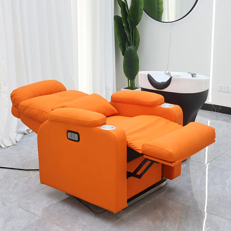 

Modern Beauty Salon Furniture Orange Leather Reclining Swivel Washing Bed Luxury Electric Adjustable Head Thearpy Shampoo Chair
