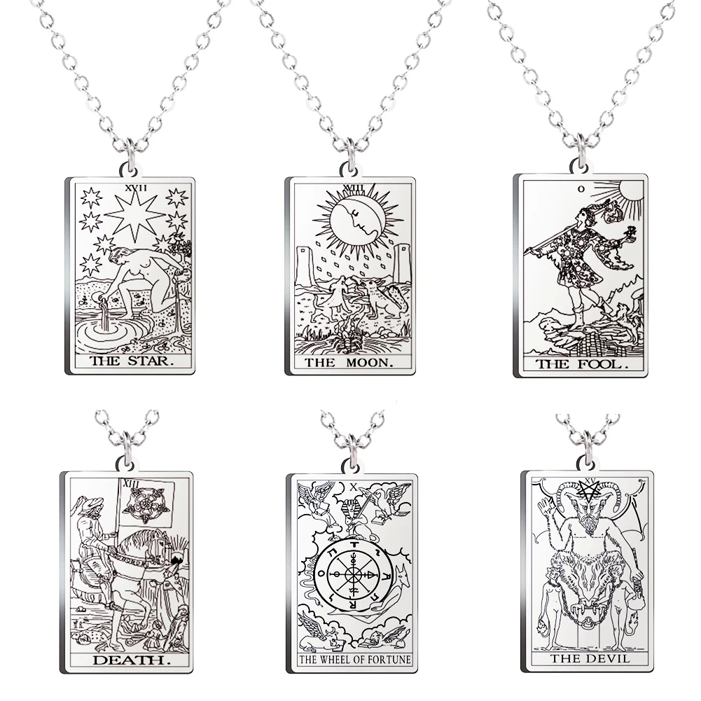 Stainless Steel Classic Tarot Cards Pendant Necklace Major Arcana Tarot Cigano Divination Necklace Star/Moon/Death Sign Jewelry