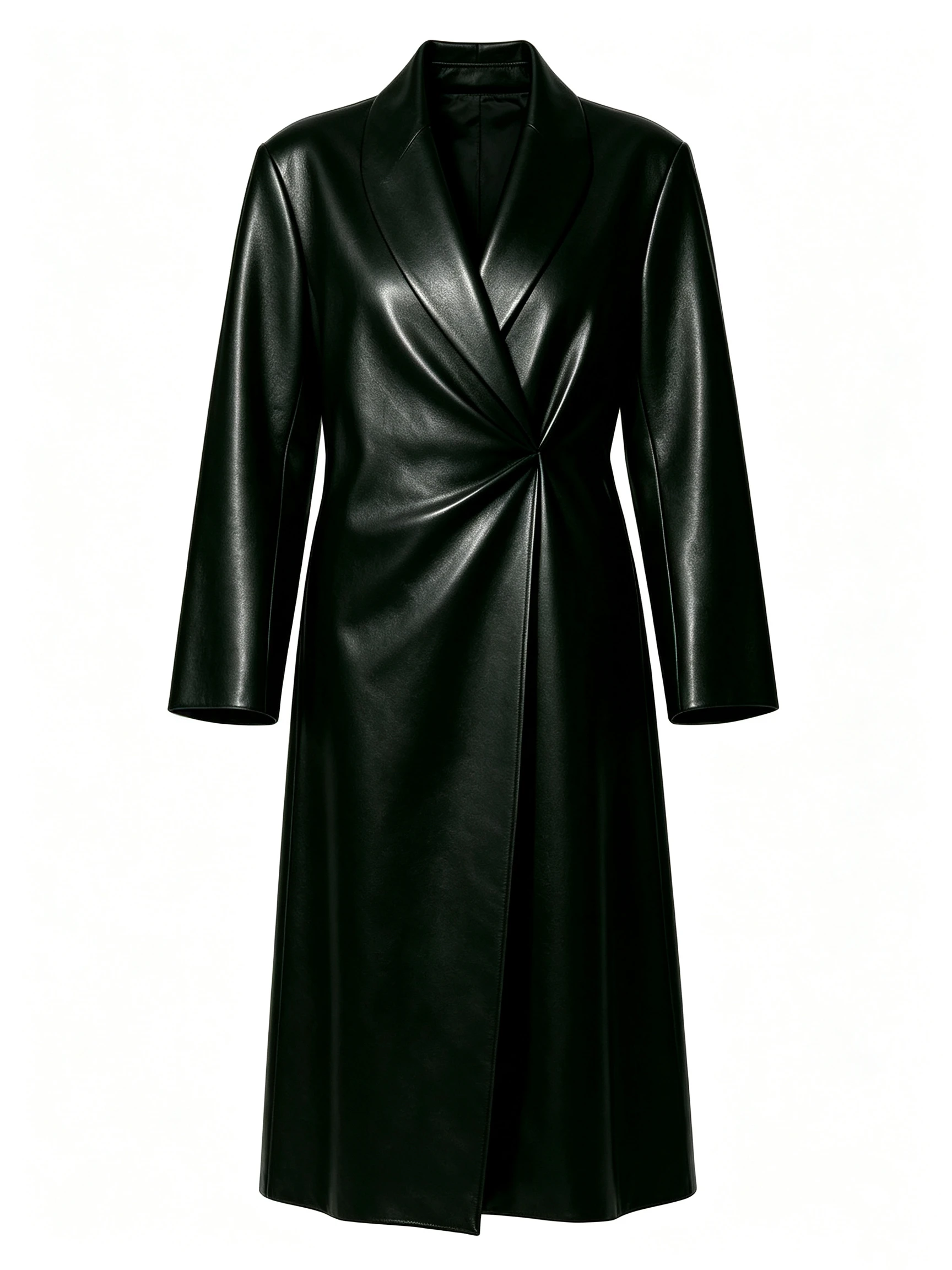 Women's Long Faux Leather Coat with Shawl Collar and Twisted Waist Detail