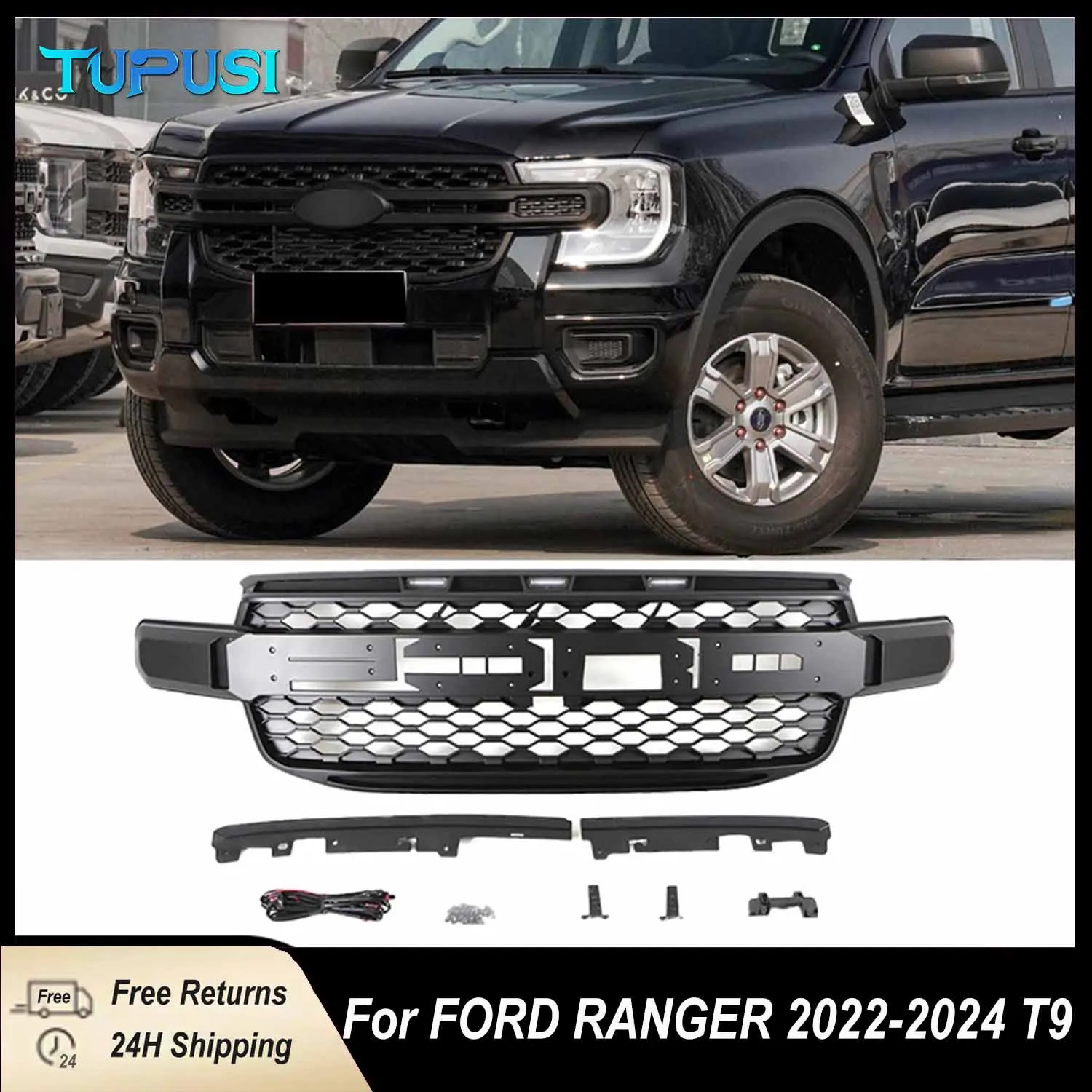 

For FORD RANGER 2022-2024 T9 MK4 PX4 High Version XLT WILDTRAK SPORT Grill with Led Light Upgrade Body Kits Raptor Front Grille