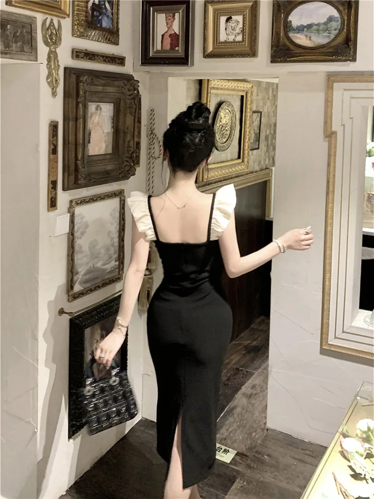 Fashion Dress Women Summer Fungus Edge Flying Sleeve Waist Slim Split Long Dresses French Retro Elegant Evening Robe