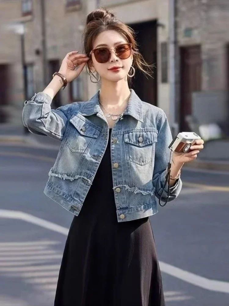 

Women's Short Denim Jacket Spring Autumn New Arrival Petite Simple Fashion Versatile Stylish Hong Kong Vintage Raw Hem Blazer