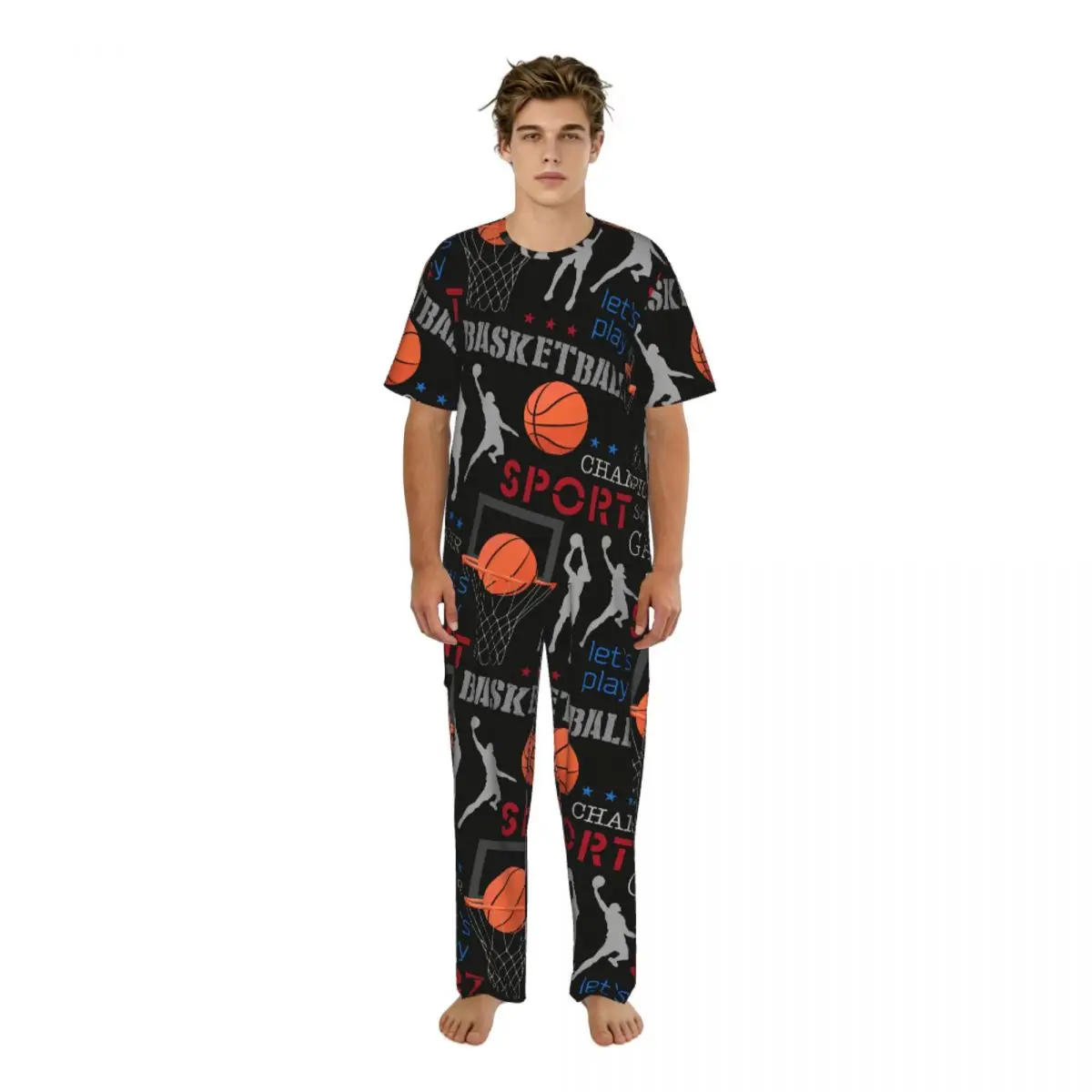 Men Pajamas Suit Short Sleeved Long Pants Basketball Sport Sleepwear Summer Home Clothing Set