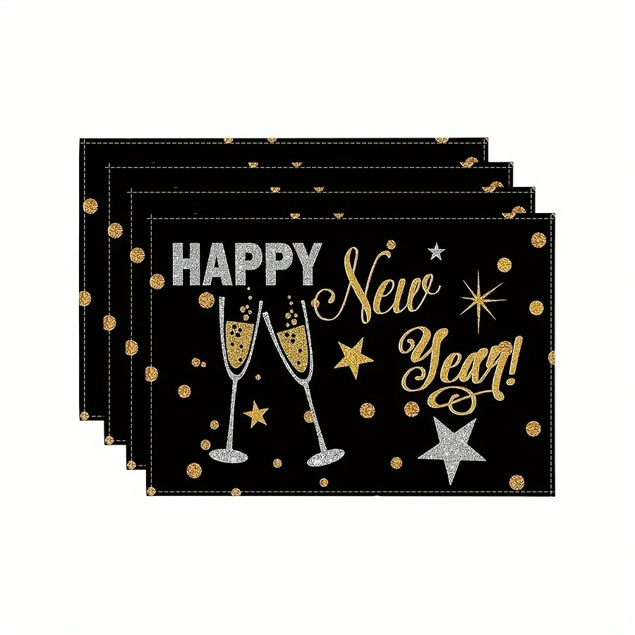 Happy New Year Black Gold Champagne Star Rectangular Placemats  Set Holiday Party Table Decor Mats 4PC 6PC 8PC
