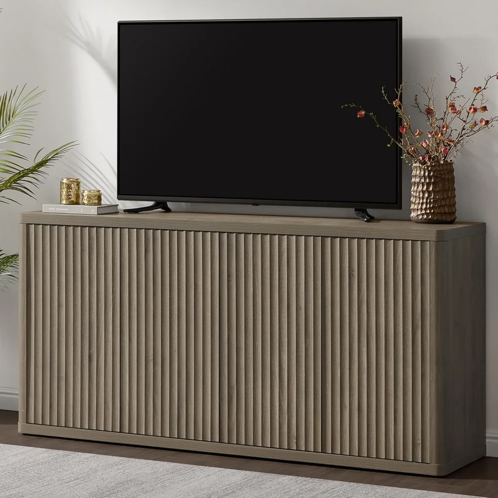 حامل تلفزيون لغرفة المعيشة - مركز ترفيهي مع مساحة تخزين لتلفزيون 65 بوصة، حامل تلفزيون حديث، كابينة وحدة تحكم طويلة مخددة