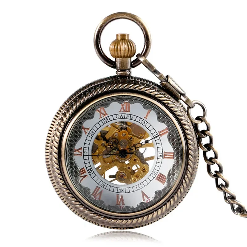 Bronze Transparent Cover Skeleton Handwinding Mechanical Pocket Watch for Men Women Roman Number Dial Pendant Chain Gift