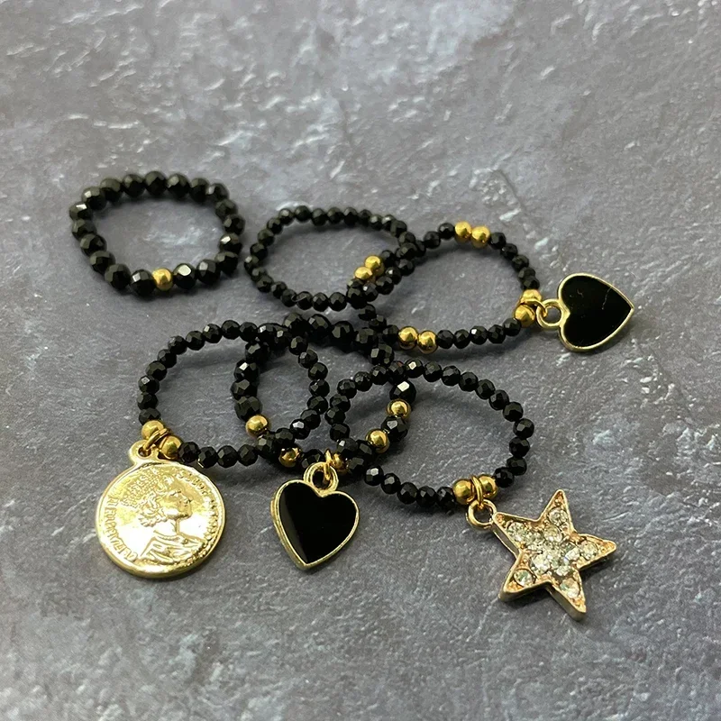 Obsidian Heart Star Charm Rings Women Ethnic Handmade Fashion Stainless Steel Jewelry Natural Stone Ring Wholesale
